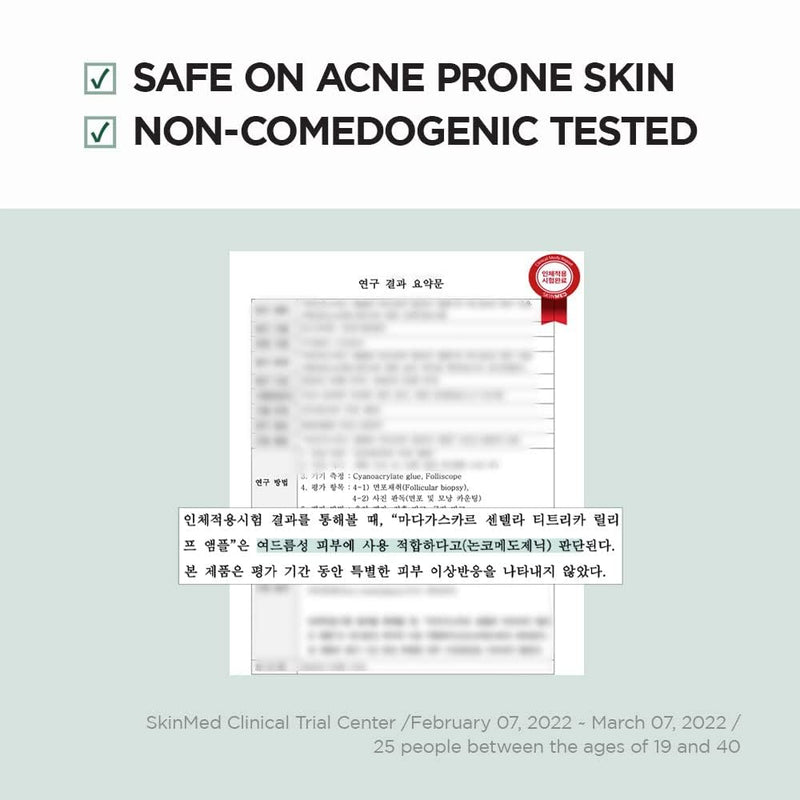 Product safety information for acne-prone skin with clinical trial details on a light green background.