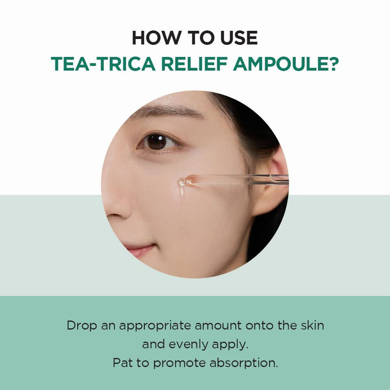 Tea-Trica Relief Ampoule application guide with a close-up of a person applying the product.