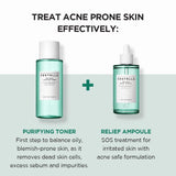 Two skincare products with text explaining their use for acne-prone skin.