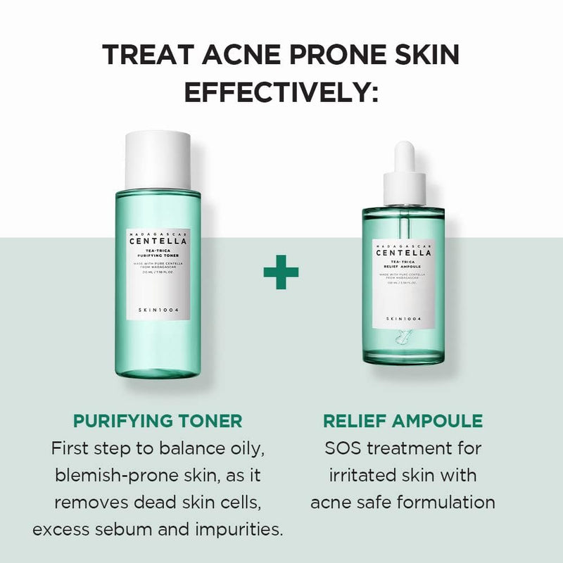 Two skincare products with text explaining their use for acne-prone skin.