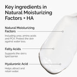 Diagram of natural moisturizing factors with text and a close-up of a moisturizing product.
