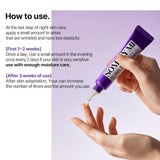 Purple skincare product being applied to a hand with text on how to use it.