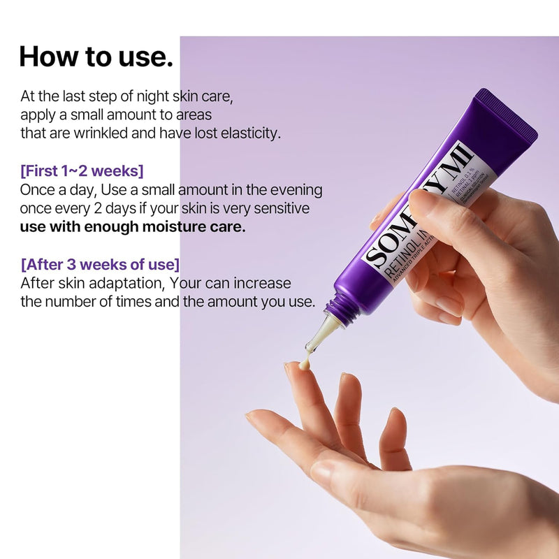 Purple skincare product being applied to a hand with text on how to use it.