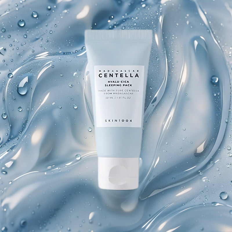 SKIN1004 Centella Hyalu-Cica sleeping pack on a blue liquid background